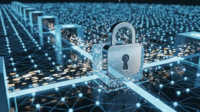 Visualizing the intricate interconnectedness of a digital network secured by a prominent padlock, representing robust data protection and secure online transactions within a futuristic