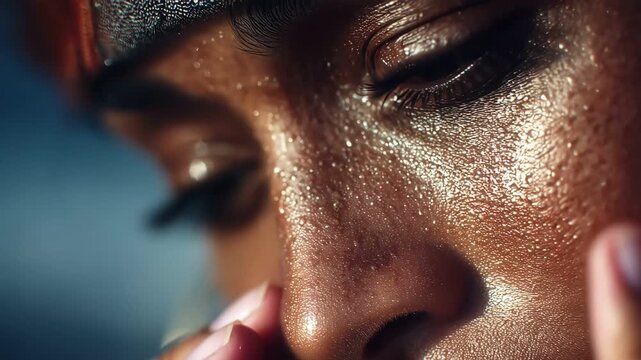 Macro detail of sweaty skin as a person touches their face in intense focus.