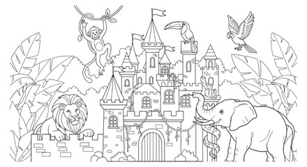 Lion, monkey, elephant, toucan, and parrot gather around a majestic medieval castle surrounded by tropical foliage, forming an enchanting illustration designed for a creative children's coloring. © Masuk Sat