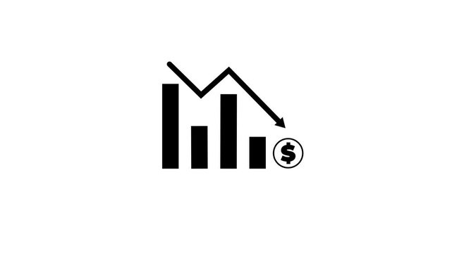 Business loss falling down with dollar icon. dollar sign arrow indicating downward trend on a dark background. financial graph chart animation.