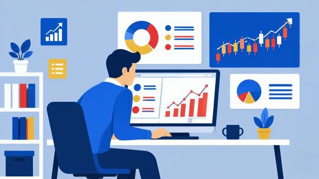 A professional analyst sits at a desk while his hand moves across the mouse, managing data and corporate growth metrics through detailed financial charts and investment dashboards in an office.