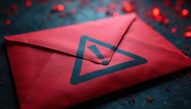 Red envelope with warning symbol. Suspicious mail and communication threat concept. Dark lighting, closeup on paper texture. Digital danger alert icon.