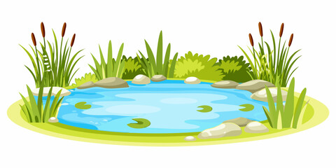 Cartoon pond with blue water and green vegetation © Savankar