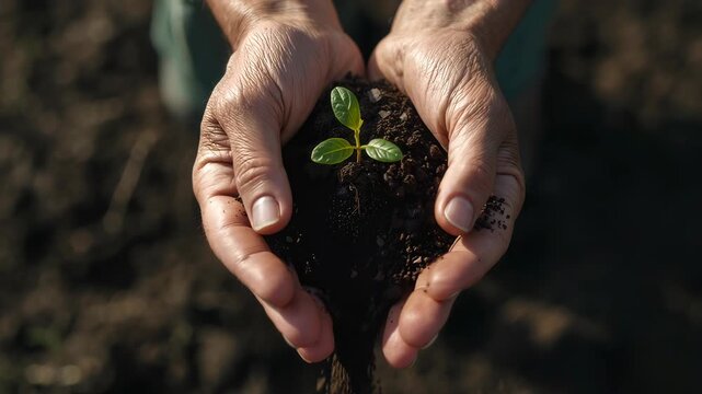 Two weathered hands cradle a small green plant with three leaves rooted in dark, moist soil, symbolizing growth, renewal, and care amidst earth
