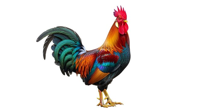 Rooster with vibrant feathers and sharp details, standing tall with comb highlighted, isolated on white.