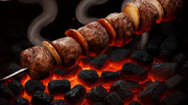 A succulent meat skewer sizzles over glowing charcoal embers as a thin wispy trail of smoke rises from the hot grill, creating a perfect scene of high quality outdoor food preparation and dining.