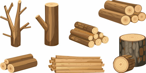 Various wood logs and branches colorful vector illustration on white background © Savankar