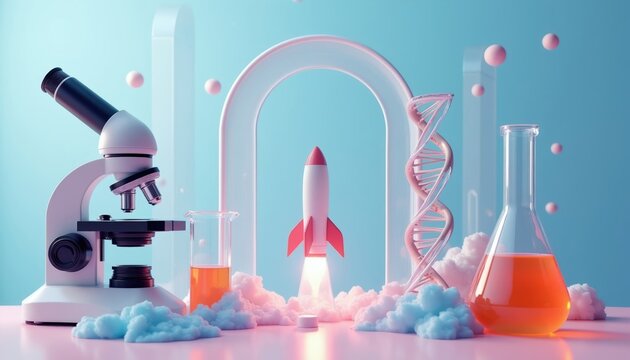 Microscope, rocket launch, dna helix and flasks represent scientific breakthroughs. Conceptual design shows innovation in biotech research and space discovery. Future science idea.