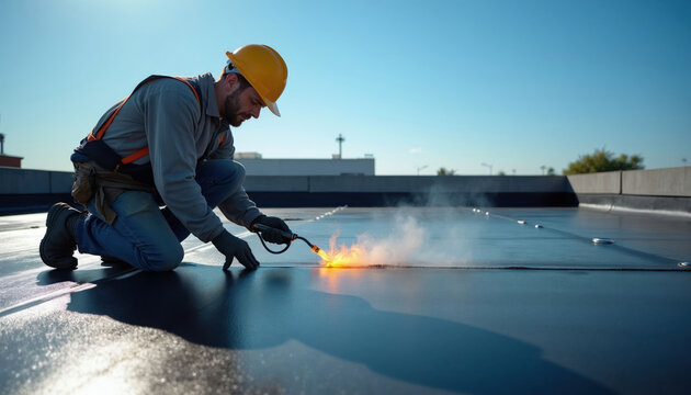Roofer installs flat roof membrane with blow torch on sunny day. Worker melts bitumen material sealing seams on building top. Professional man uses safety gear, skilled trade work.