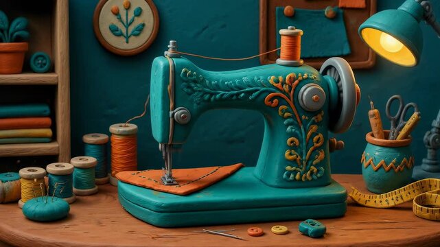 A vintage teal sewing machine sits on a wooden table, its needle rhythmically stitching fabric in a charmingly decorated craft studio filled with colorful spools and artistic sewing supplies.