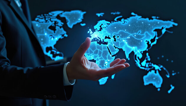 Businessman holds glowing digital world map network. Global business connections, finance, and tech growth. International investment flow, data, and communication.