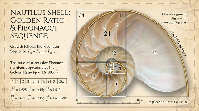 Nautilus Shell Golden Ratio and Fibonacci Sequence Diagram Illustrating Mathematical Principles in Nature