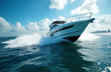 Fototapeta premium Speed yacht moves fast on blue ocean water creating big splashes. Sport motorboat glides through waves under cloudy sky with city skyline far away. Enjoying boat trip.