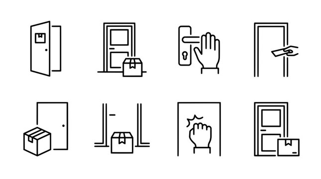 Delivery and door related line icon set