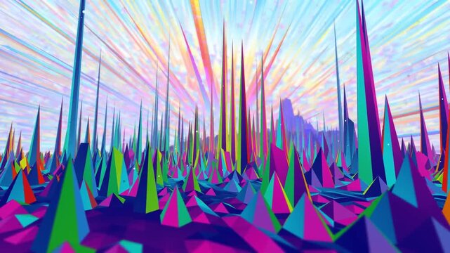 Abstract 3D geometric landscape with colorful spiky peaks under a sky of streaks of light.