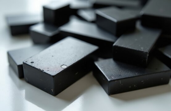Black rectangular ferrite magnets piled on white surface. Magnetic elements vary in size, shape, suggesting potential use in industrial scientific settings, for construction educational projects, in