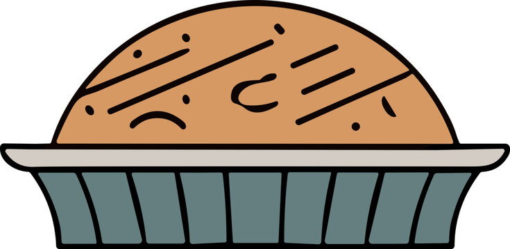 Cartoon Pie Character with Grumpy Face in Baking Dish