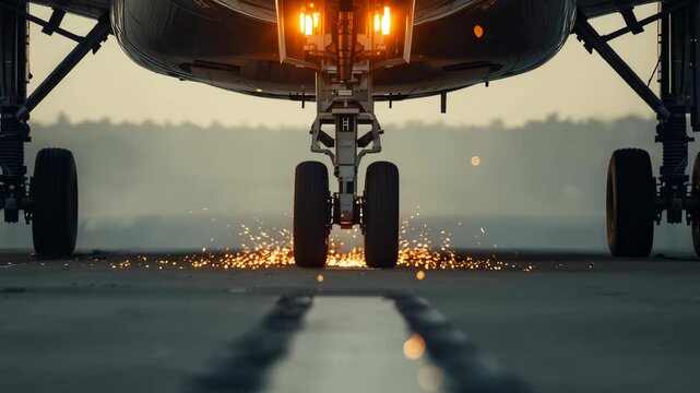 Close-up of an airplane's landing gear on the runway, sparks flying from friction, engines glowing warmly, indicating imminent takeoff or landing