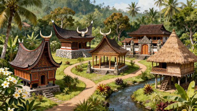 traditional indonesian rumah adat toraja village with lush tropical landscape