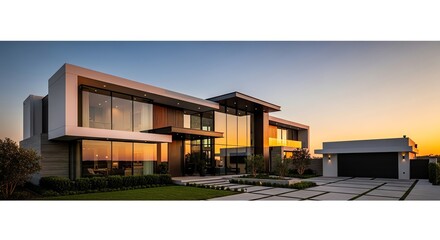 Fototapeta premium Stunning modern luxury house exterior at sunset with floor-to-ceiling windows and manicured landscaping.