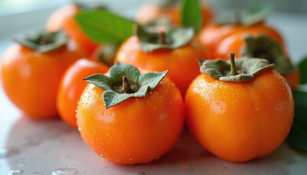Several ripe persimmons with water drops. Bright orange fruits have green leaves. Healthy autumn harvest. Juicy and sweet, perfect for diet food.