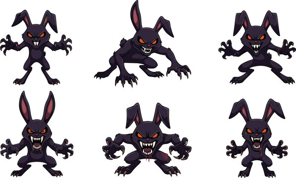 Scary Evil Bunny Monster Character Set with Aggressive Poses, Sharp Teeth, and Glowing Eyes for Halloween Decorations, Horror Games, and Spooky Graphic Design Projects