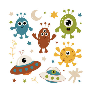 Cute space monsters, funny alien characters, spaceship Ufo set, kids illustration, fantasy cosmic vector design