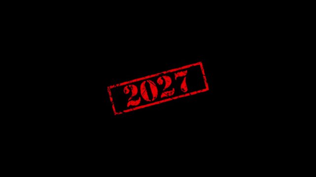 2027 Grunge Stamp on Transparent Background with Alpha Channel. Red Vintage Date Label Motion Graphic for New Year Design, Countdown Videos, Promo Templates.
