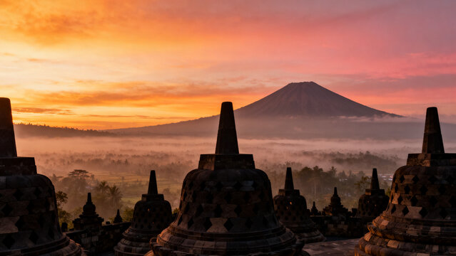 sunrise over borobudur temple with misty ancient stupas and volcanic mountain backdrop