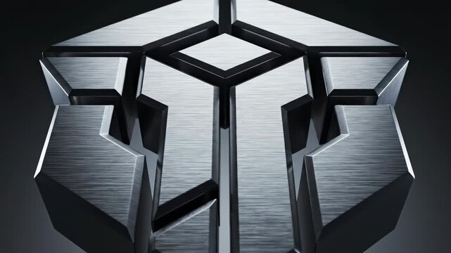 Abstract metallic shape with geometric facets and brushed metal texture evokes a sense of futuristic technology, industrial design, and architectural innovation, perfect for cutting-edge