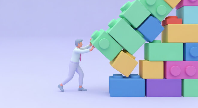 a business person straining to support a massive stack of falling colorful blocks representing crisis management and business stability