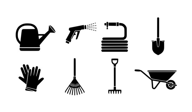 A set of gardening tools and equipment black silhouettes on a white background. Includes hose spray, watering can, shovel, rake, spade, gloves, wheelbarrow, and garden tools. Clean bold silhouette sty