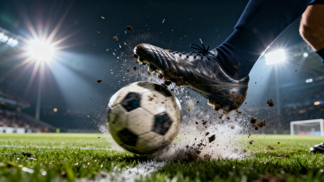 dramatic soccer kick in action under stadium lights with mud splatter