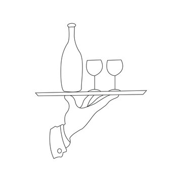Waiter's hand holding a tray with a wine bottle and glass vector illustration.