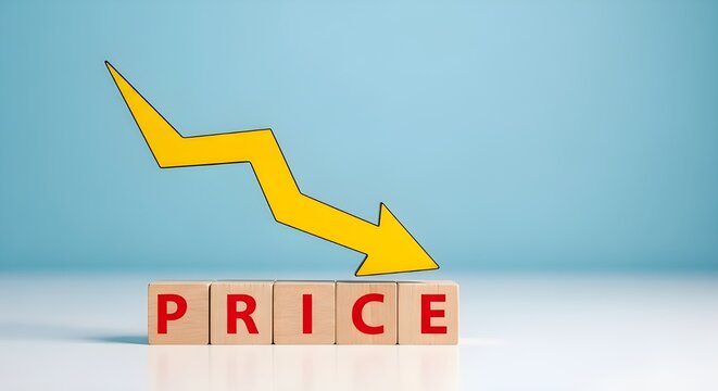 A yellow lightning bolt-shaped arrow pointing downwards over wooden blocks spelling 'PRICE' on a light blue background, symbolizing a price drop or economic decline.
