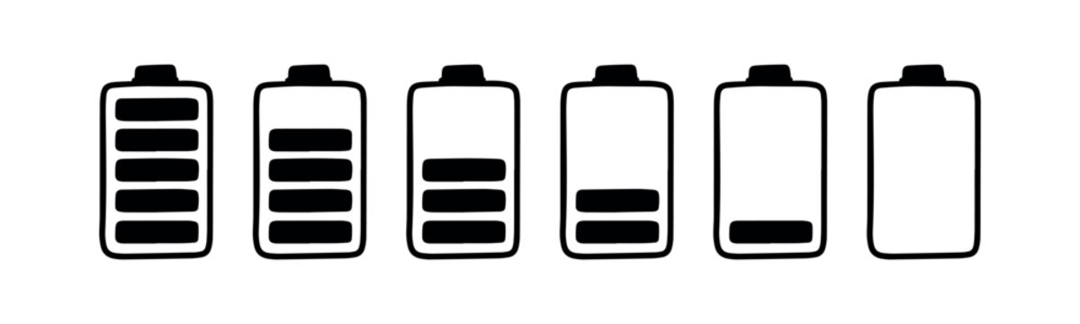 Set of six black battery icons demonstrating different energy charge levels from completely full to totally empty. Graphic UI elements for electronic devices and applications