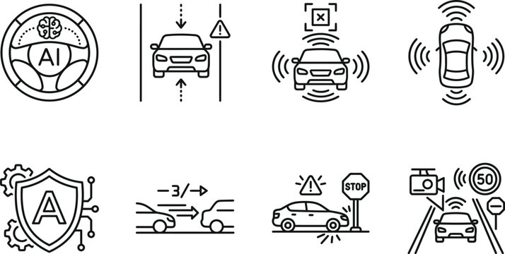 Autonomous vehicle technology line icons