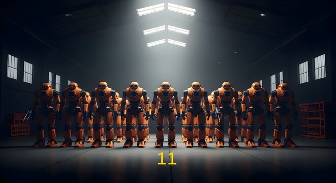 futuristic robot team lineup in industrial warehouse with dramatic spotlighting for tech innovation concept