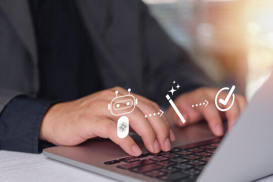Businessman typing laptop keyboard virtual AI agent chatbot icons magic wand tool automated success checkmark intelligent content generation technology innovation professional workflow efficiency.