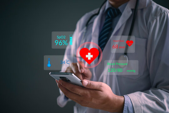 Healthcare practitioner managing patient medical records smartphone digital interface vitals tracking heart health remote monitoring technology mobile health innovation professional care.