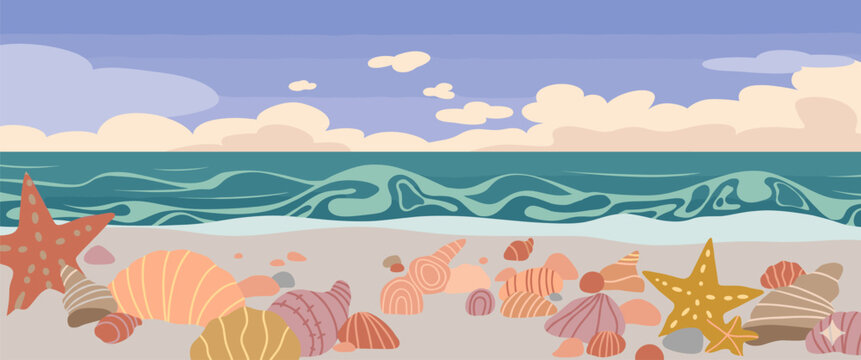 Stylized beach scene with starfish and seashells under a cloudy sky starfish seashell shoreline vacation tropical seascape background illustration underwater backdrop stylized painting