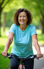 Obraz premium Mature woman with curly hair rides bicycle in green park on sunny day. She smiles happily while cycling on path surrounded by trees and grass. Active lifestyle for older people.