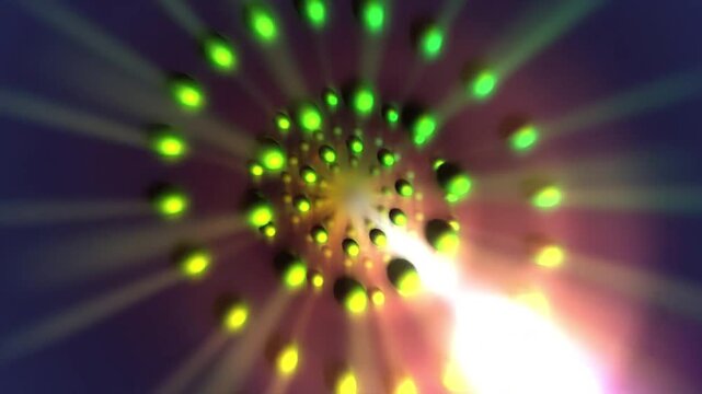 Abstract background with red and green orbs in a spiral pattern with a glowing light at the center.