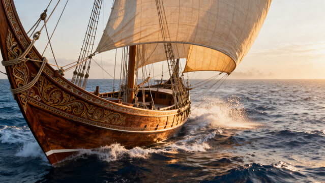 traditional indonesian phinisi ship sailing at sunset with golden waves