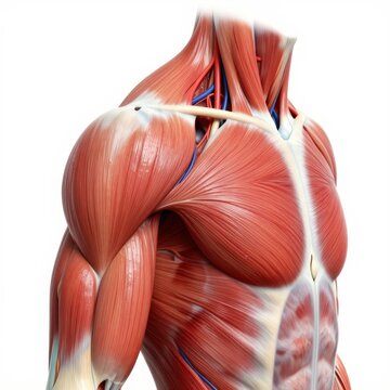 Close up of human chest and shoulder muscles showing deltoids pectorals.