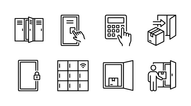 Outline icon set of lockers digital access and package delivery