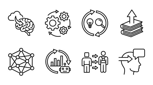 Outline icon set of education technology and business process concepts