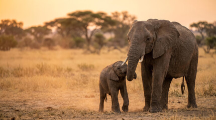 Fototapeta premium African elephant with its young calf walking in the savanna at sunset with copy space