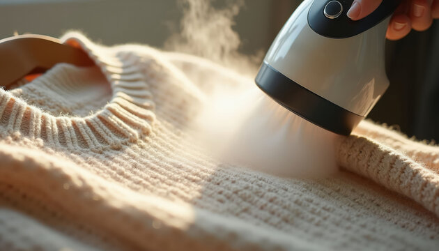 Hand holds garment steamer, using hot vapor to refresh knitted sweater. Fabric care with portable steaming tool removes wrinkles and freshens clothes at home.