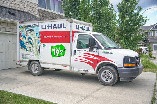9 April 2026 - Calgary Alberta Canada - U-Haul moving trucks in depot